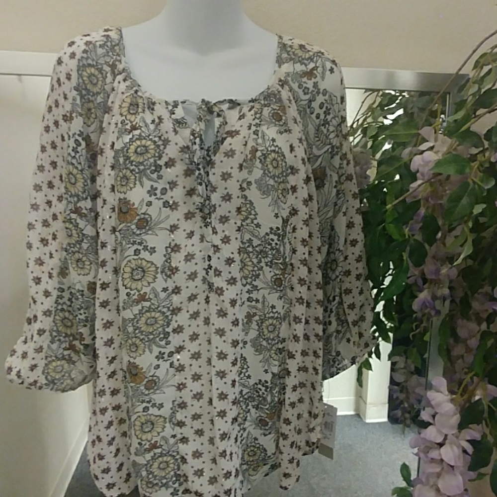 Figueroa & Flower Boho Sheer Floral Top